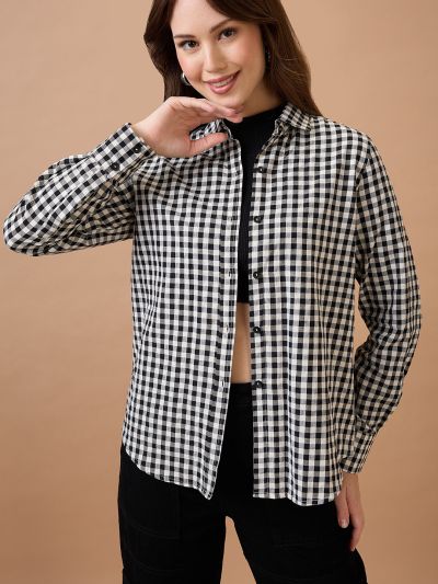 Globus Women Black & White Checked Collared Neck Cuffed Sleeves Shirt Style Top