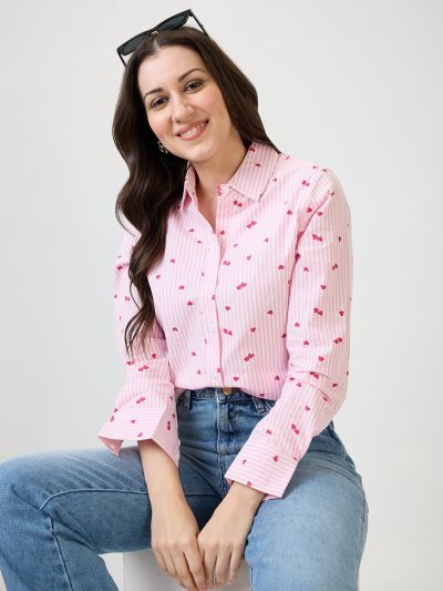 Globus Women Pink Hearts Printed  Spread Collar Cuff Sleeves Shirt