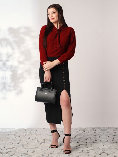 Globus Women Maroon Tie-Up Neck Cuffed Sleeves Workwear Top