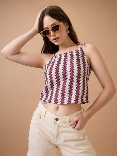 Globus Women Maroon Square Neck Tie-Up Strappy Shoulder Self Design Crochet Crop Top