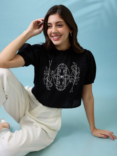 Globus Women Black High Neck Puff Sleeves Frills & Embroidered Detail Crop Top