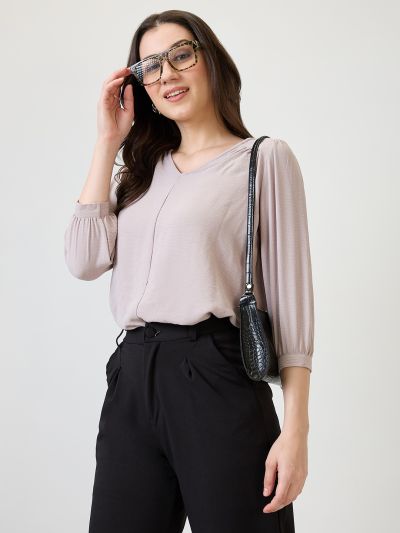 Globus Women Grey Self Design V-Neck Gathered detail Workwear Top