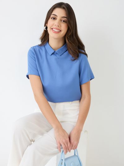 Globus Women Blue Short Sleeves Collared Neck Back Button Shirt Style Workwear Top