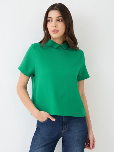 Globus Women Green Short Sleeves Collared Neck Back Button Shirt Style Workwear Top