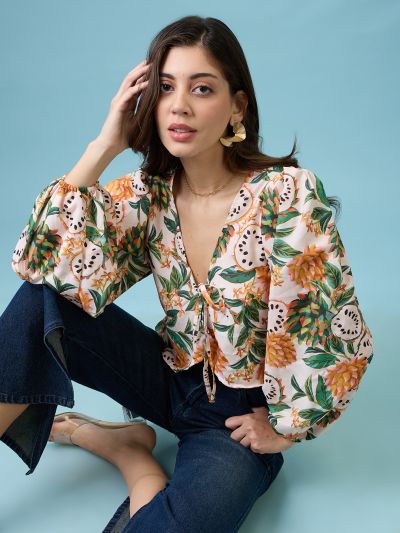 Globus Women Yellow V-Neck Bishop Sleeves Tropical Print Tie-Up Detail Wrap Top