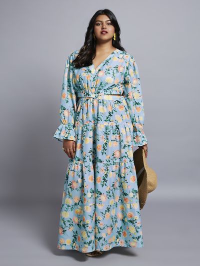 Globus Gloplus Women Blue Floral Print V-Neck Bishop Sleeves Cut-Out Detail Tiered Fit & Flare Plus Size Maxi Dress