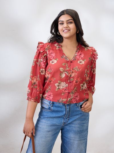 Globus Gloplus Women Red V-Neck Puff Sleeves Floral Print Ruffle Detail Plus Size Shirt