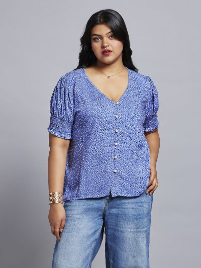 Globus Gloplus Women Blue Abstract Print V-neck Puff Sleeves Plus Size Workwear Top
