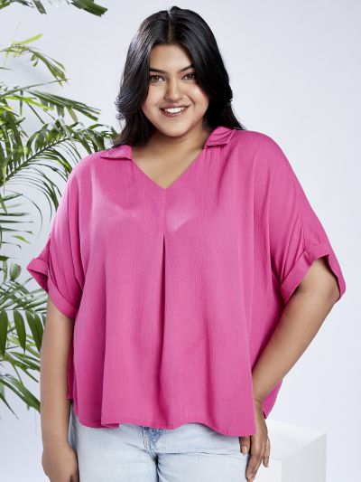 Globus Gloplus Women Pink Collared V-Neck Extended Sleeves Self Design Plus Size Top