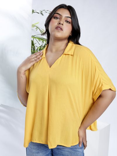 Globus Gloplus Women Yellow Collared V-Neck Extended Sleeves Self Design Plus Size Top