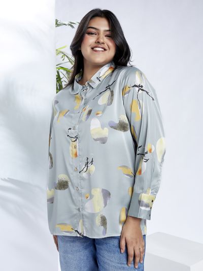 Globus Gloplus Women Blue Collared Neck Cuff Sleeves Abstract Print Plus Size Shirt