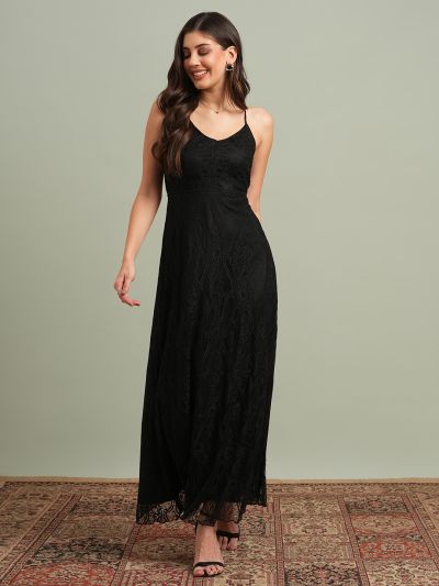 Globus Women Black V-Neck Back Side Cross Strap Cut-Out Detail Lace Fit & Flare Maxi Party Dress