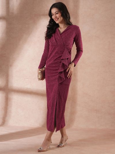 Globus Women Pink Long Sleeves V-Neck Ruffle Detail Shimmer Side Slit Bodycon Maxi Party Dress