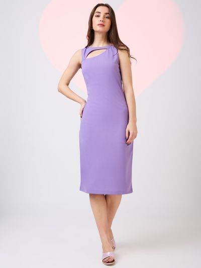 Globus Women Lavender Cut Out Detail Boat Neck Solid Back Slit Midi Sheath Party Dress