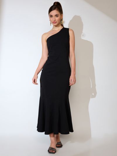 Globus Women Black One Shoulder Flared Hem Maxi Bodycon Party Dress