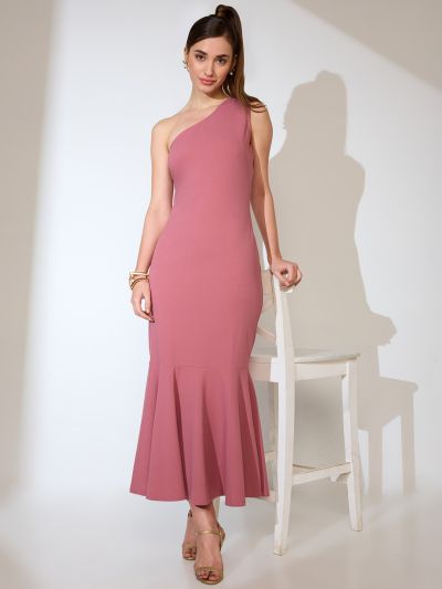 Globus Women Pink One Shoulder Flared Hem Maxi Bodycon Party Dress