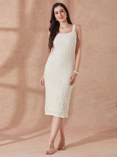 Globus Women White Square Neck Lace Detail Back Slit Midi Bodycon Party Dress