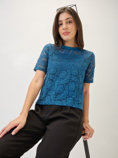 Globus Women Teal Round Neck Short Sleeves Opaque Floral Lace Party Top