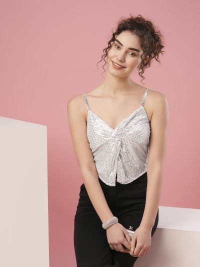 Globus Women White Sweetheart Neck Shoulder Straps Twisted Detail Sequinned Party Top