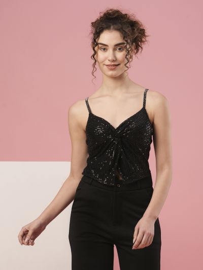 Globus Women Black Sweetheart Neck Shoulder Straps Twisted Detail Sequinned Party Top