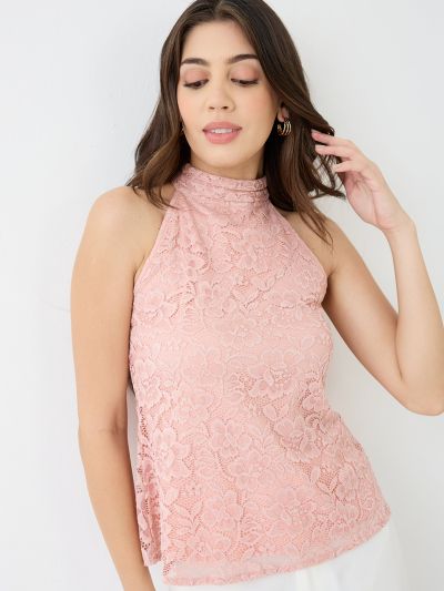 Globus Women Pink Halter Neck Self Design Floral Lace Party Top