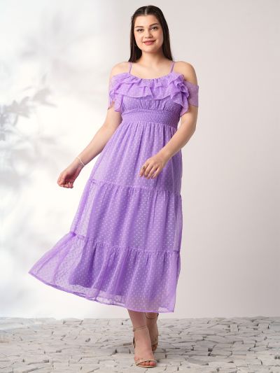 Globus Women Lavender Off Shoulder Self Design Ruffles Detail Smocked Fit & Flare Midi Party Dress