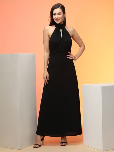 Globus Women Black Tie-Up Halter Neck Keyhole Detail Fit & Flare Maxi Party Dress