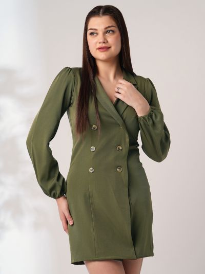 Globus Women Green Peak Lapel Bishop Sleeves Button Detail Mini Workwear Blazer Dress