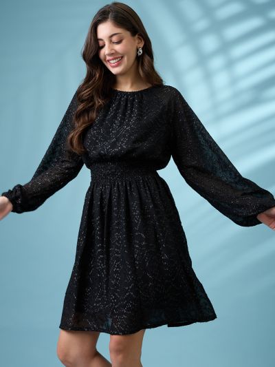 Globus Women Black Bishop Sleeves Self Design Georgette Sheen Smocked Mini Fit & Flare Party Dress
