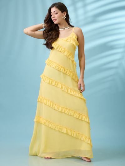 Globus Women Yellow Scoop Neck Strappy Sleeves Ruffle Detail Georgette A-Line Maxi Party Dress