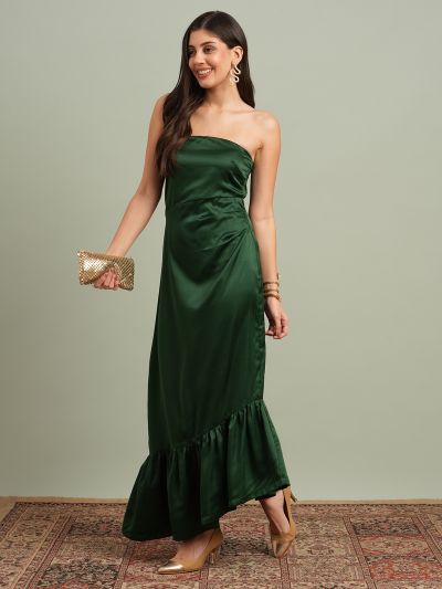 Globus Women Green Off-Shoulder Solid Pleated & Ruffle Detail Satin A-Line Maxi Party Dress