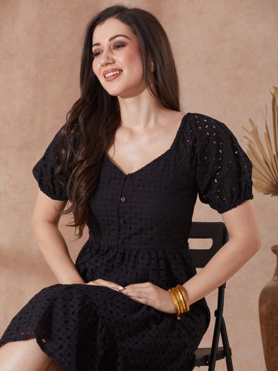 Globus Women Black Sweetheart Neck Puff Sleeves Self Design Schiffli Tiered A-Line Midi Resort Dress