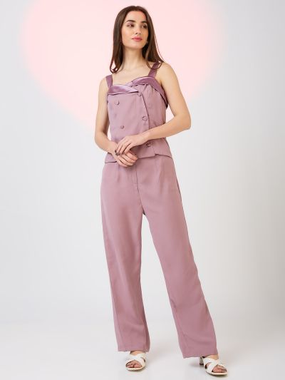 Globus Women Mauve Sweetheart Neck Strappy Shoulder Double Breasted Workwear Jumpsuit