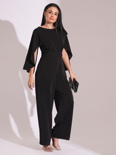 Globus Women Black Boat Neck Cape Sleeves Criss Cross Waist Tie-Up Detail Satin Party Jumpsuit