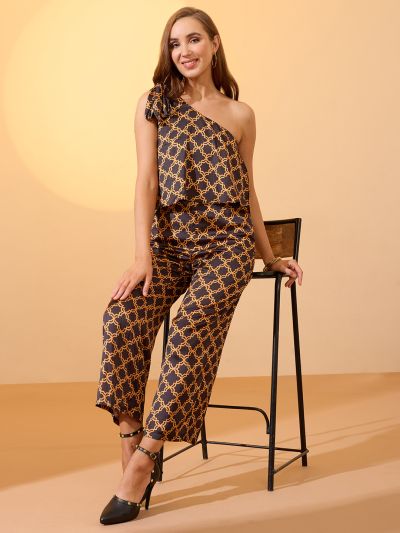 Globus Women Black Tie-Up One Shoulder Abstract Print Wide Leg Party Jumpsuit