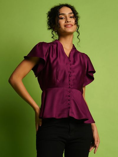 Globus Women Purple V-Neck Flutter Sleeves Peplum Party Top