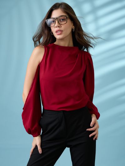 Globus Women Maroon Cowl Neck Cold Shoulder Bishop Sleeves Solid Pleat Detail Party Top