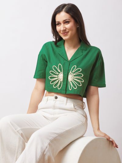 Globus Women Green Notch Lapel Drop Shoulder Sleeves Embroidered Detail Boxy Fit Crop Shirt