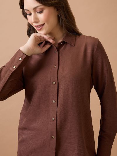 Globus Women Brown Collared Neck Cuffed Sleeves Shirt Style Workwear Top
