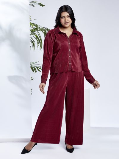 Globus Gloplus Women Maroon Self Design Accordion Pleats Shirt Style Top with Wide Leg Trousers Plus Size Party Co-Ord Set