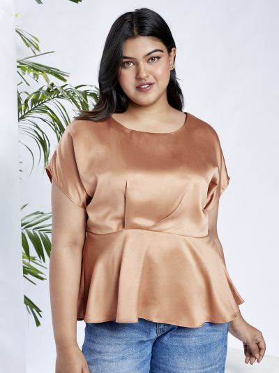 Globus Gloplus Women Peach Round Neck Extended Sleeves Satin Peplum Plus Size Workwear Top
