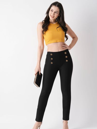 Globus Women Black Stretchable Flat Front Button Detail Skinny Fit Workwear Treggings