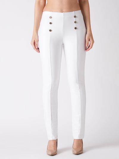 Globus Women White Stretchable Mid Rise Skinny Fit Workwear Treggings