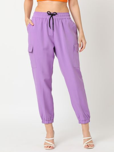 Globus Women Lavender Stretchable Cargo Jogger With Black Drawstring