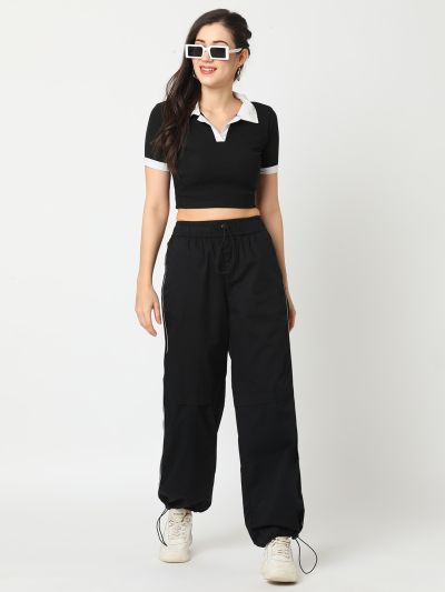 Globus Women Black Washed Cargo With Contrast Piping and Adjustable Toggle