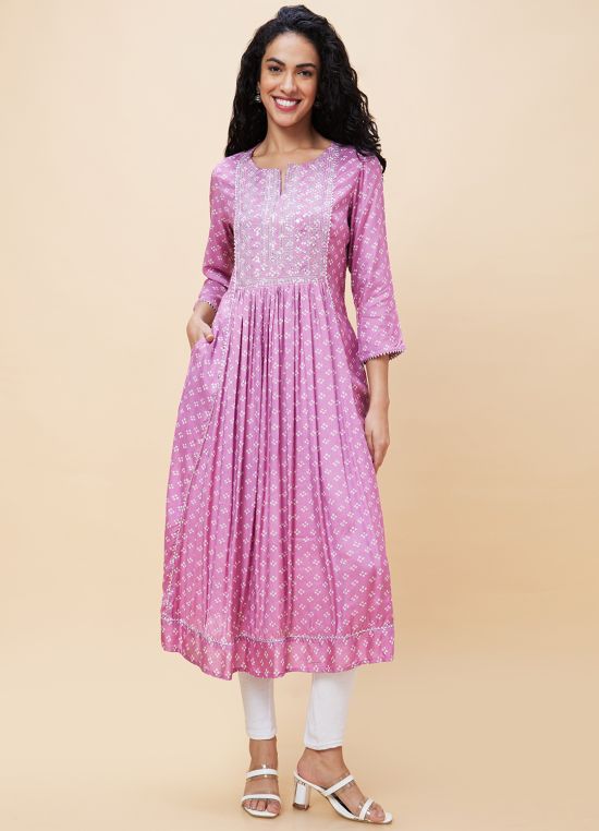 Globus Women Mauve Embroidered & Sequinned Yoke Allover Bandhani Printed Pleated A-Line Kurta