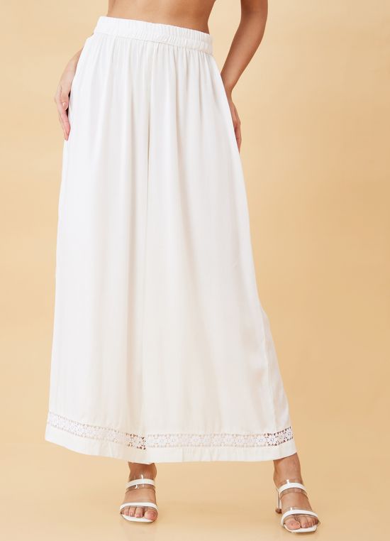Globus Women Ivory Floral Lace Hem Design Opaque Flowy Ethnic Palazzos