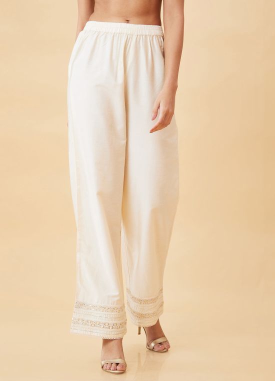 Globus Women Off-White Lace Hem Design Elasticated Waist Straight Palazzos