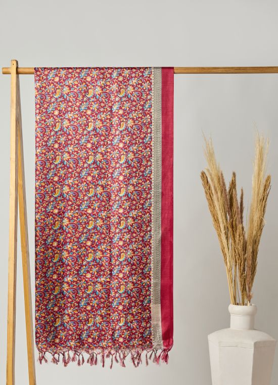 Globus Women Red Floral Print Silk Tasselled Border Dupatta