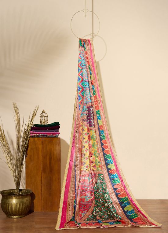 Globus Women Multi Ethnic Print Mirror Work Detail Gotta Patti Border Festive Dupatta
